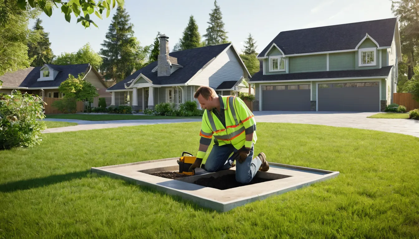 Septic provider checking an open tank access in a backyard near Milwaukee